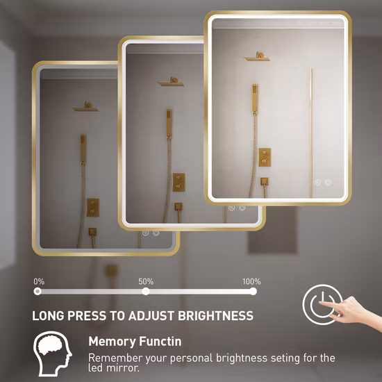 Lupa 3X, venta al por mayor, luz táctil con marco de aluminio grande, rectangular antivaho, espejo de pared LED plateado para baño con luces